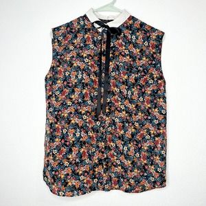 ZARA Trafaluc Black Floral Sleeveless Collared Neck Tie Button-up Shirt Sz M